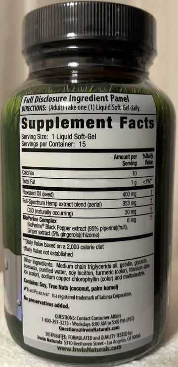 Irwin Naturals CBD 30mg - 15 Liquid Soft-Gels 天然止痛CBD胶囊