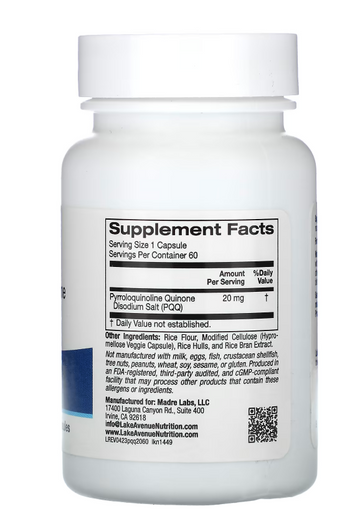 Lake Avenue Nutrition  PQQ, 20 mg 60 Veggie Capsules 吡咯喹啉醌 20毫克 60粒