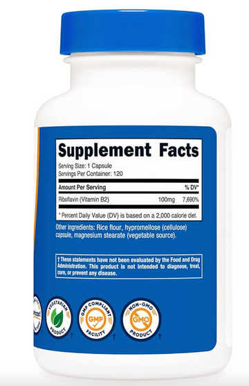 Nutricost Vitamin B2 (Riboflavin) 100mg, 120 Capsules维生素B2 100毫克,120粒